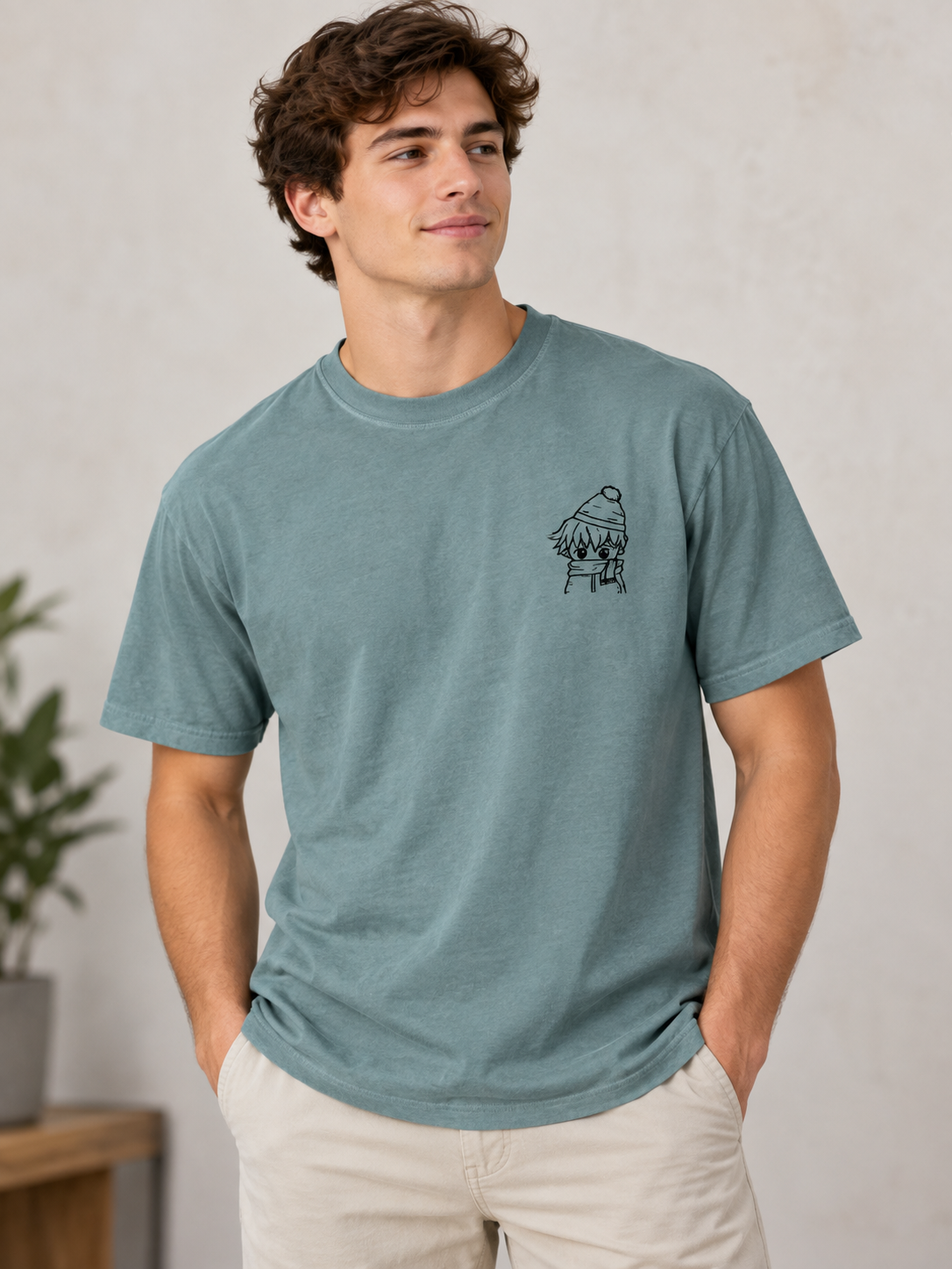 Chillin Embroidered Sleeve T-Shirt - Minimalist Line Art