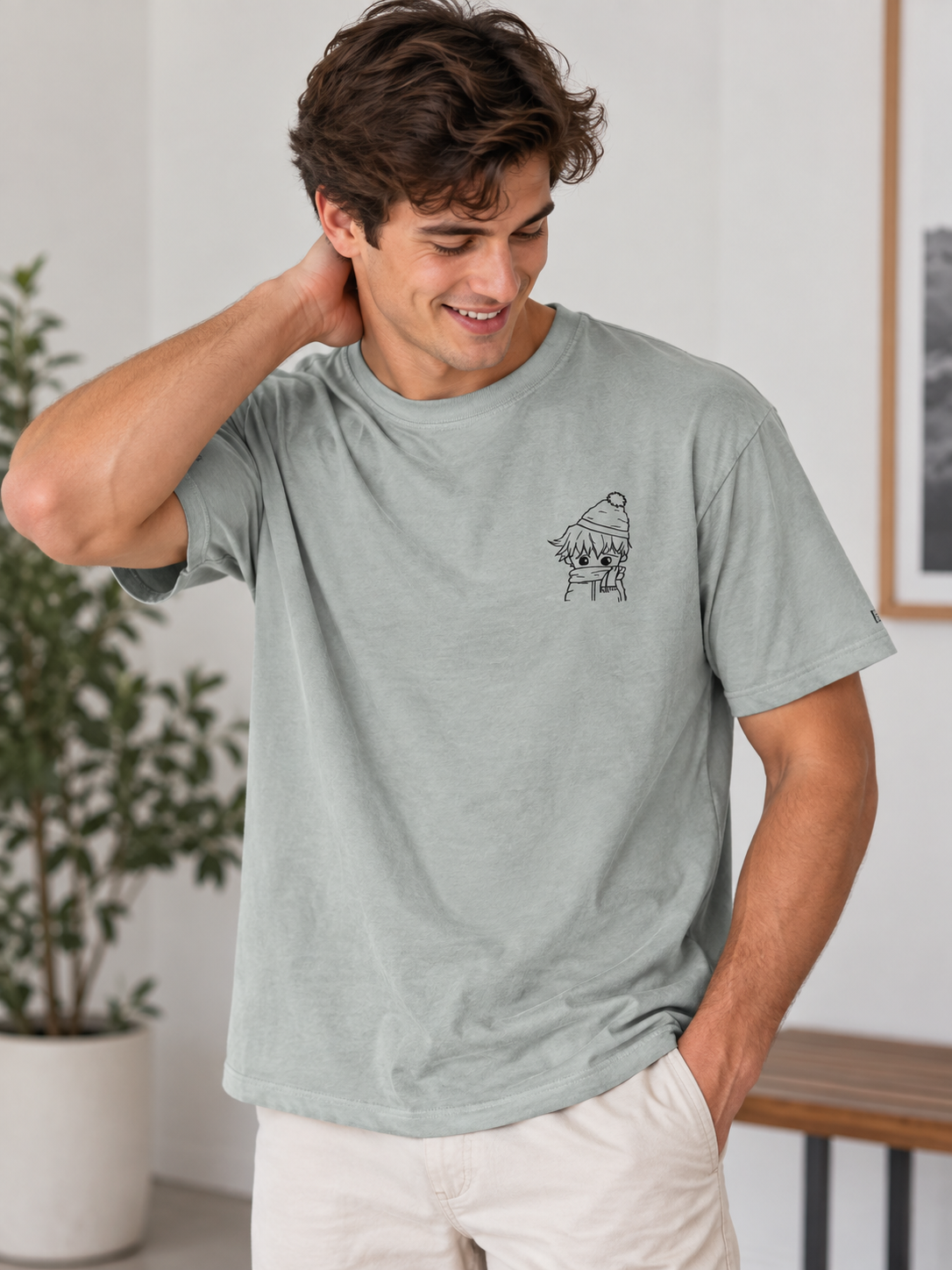 Chillin Embroidered Sleeve T-Shirt - Minimalist Line Art